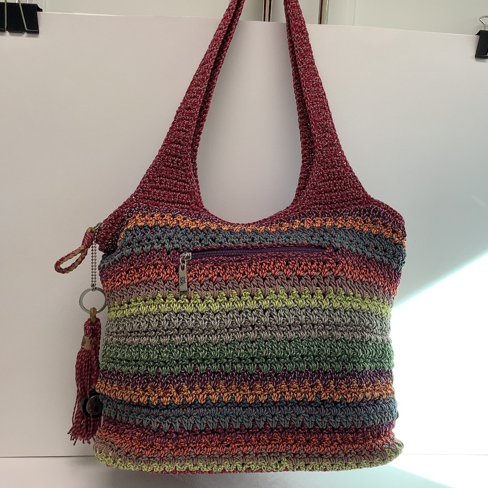 The Sak Belle Crochet Large 2 Handle Tote Rainbow Stripe Purse Handbag Boho Bag